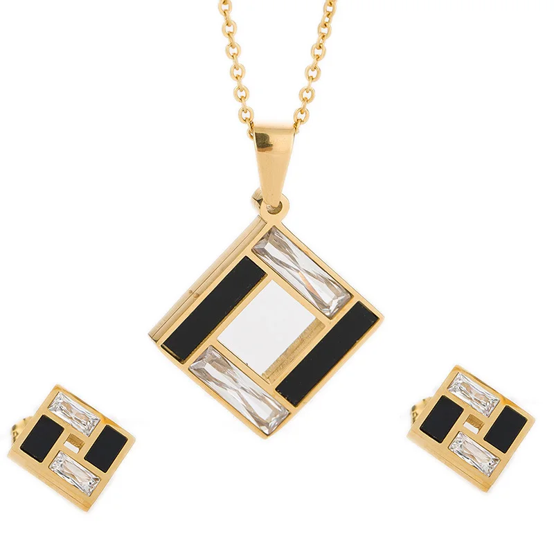 Gold-Color Jewelry Set 316L Stainless Steel Black and Clear Crystal Cross Earring Necklace Wedding Jewelry Women Set