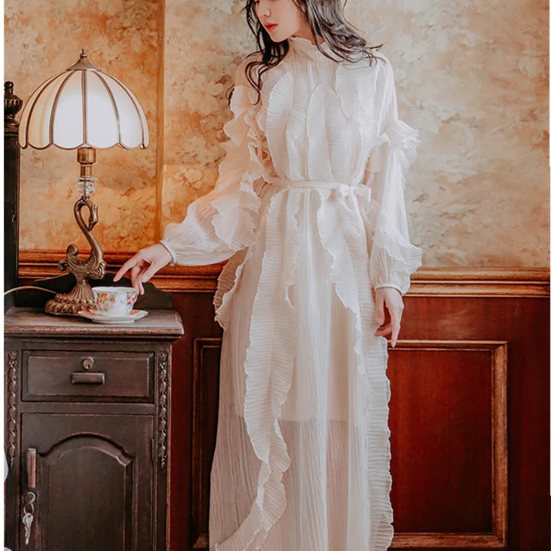 

SMTHMA High-End Runway Dresses 2021 Women Spring /Fall Elegant Full Sleeve White Pleated Ruffle Maxi Long Dresses Vestidos