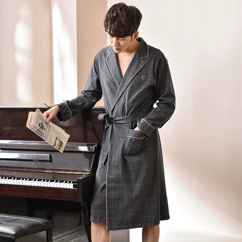 2023 Spring Autumn Bathrobe Men 100% Cotton sleep top Kimono Robes For Male Plaid Robes Long Bath Robe Bride Robe Dressing Gown