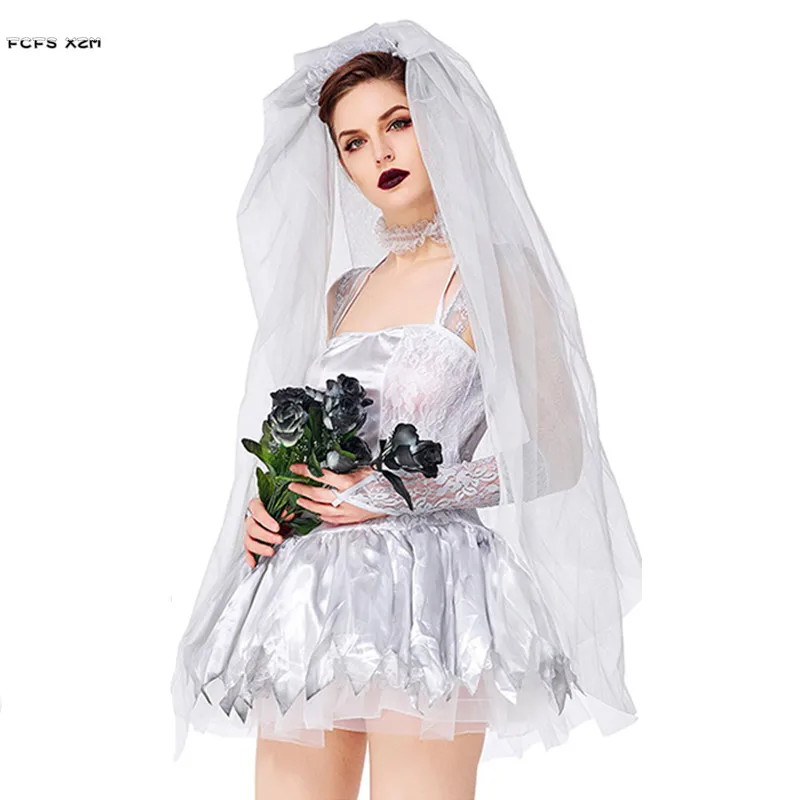 Sexy Women Corpse Bride Scary Cosplay Female Halloween Bride Costumes Carnival Purim Stage Show Masquerade Role Play Party Dress