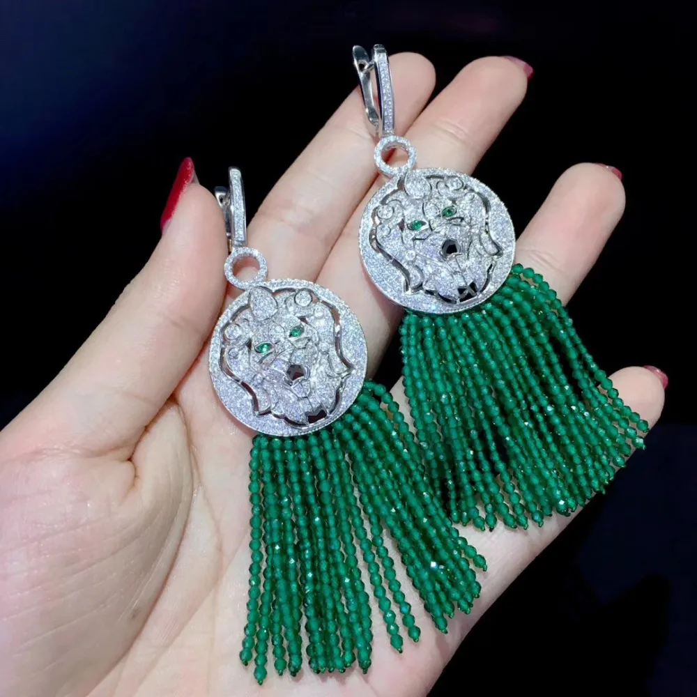 

big lion drop earring green long tassels 925 sterling silver vintage fine women jewerly party earring free shipping