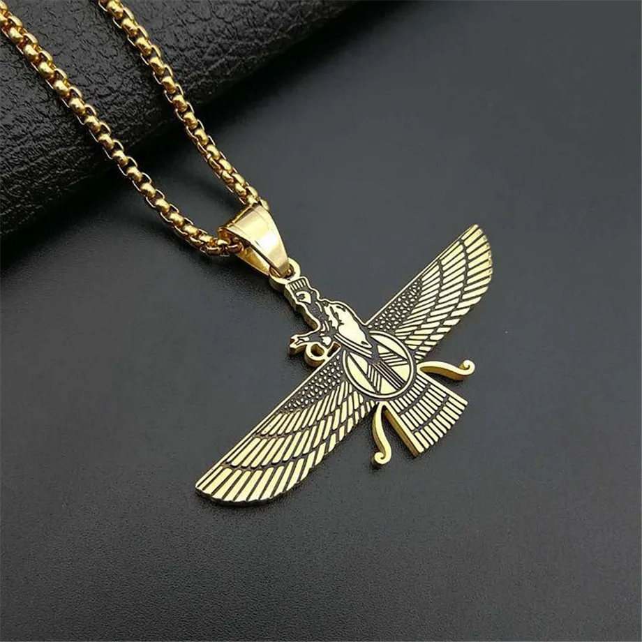 قلادة رجالي من Faravahar Ahura تُشحن عبر وسيط تجاري إلكتروني من الفولاذ المقاوم للصدأ باللون الذهبي قلادة إيرانية للنساء N1491