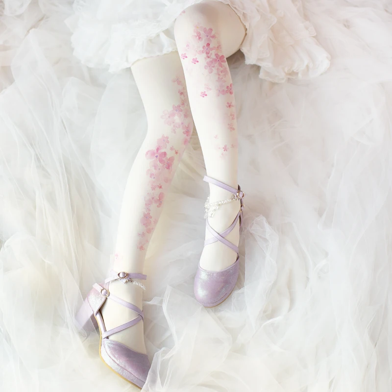 80 d Antique lolita cherry blossom put pantyhose lolita 's female is printed silk stockings girl everyday render socks