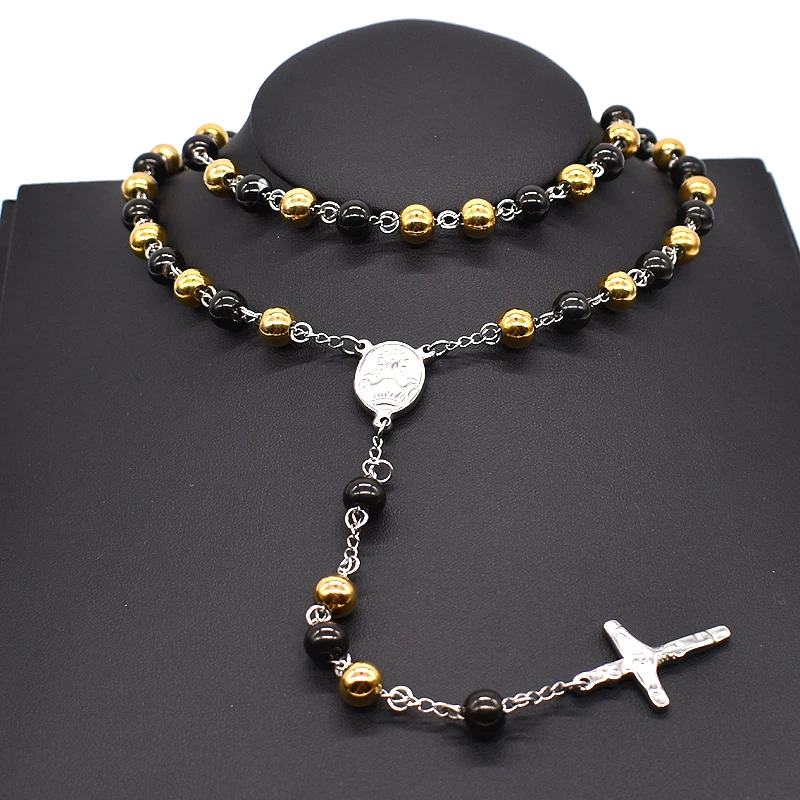 AMUMIU 8mm Classic Rosary Beads chain Cross Religious Catholic Stainless Steel Necklace Women\'s Men\'s Wholesale HZN080