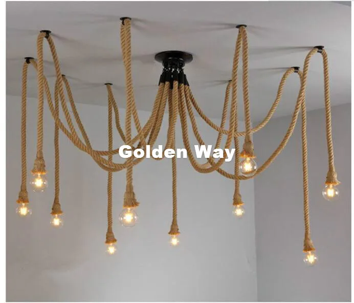 Free Shipping Vintage Rope Pendant Lamp Antique Classic Adjustable DIY Ceiling Spider Lamp Light Retro Edison Bulb Pendant Light