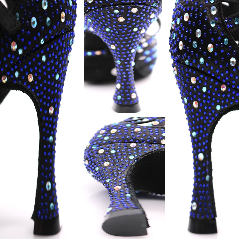 Samisoler pattini di vestito donna zapatos de baile Latina mujer nero di raso blu scuro strass signore salsa festa da ballo