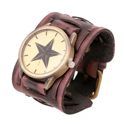 Reloj de pulsera de cuero de vaca ancho Retro para hombres, relojes de pulsera Vintage, reloj de cuarzo de estrella grande informal, envío directo