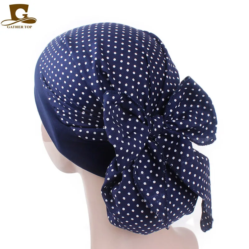 New fashion Vintage elastic women cotton head scarf chemo cap bowknot turban headband Sleeping Bonnet head wrap hair loss cap