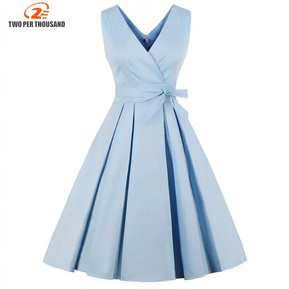 Light Blue Red Pleated Plain Vintage Dress Women 2018 Sexy V Neck Party Dress Elegant Retro Summer Cotton Dresses