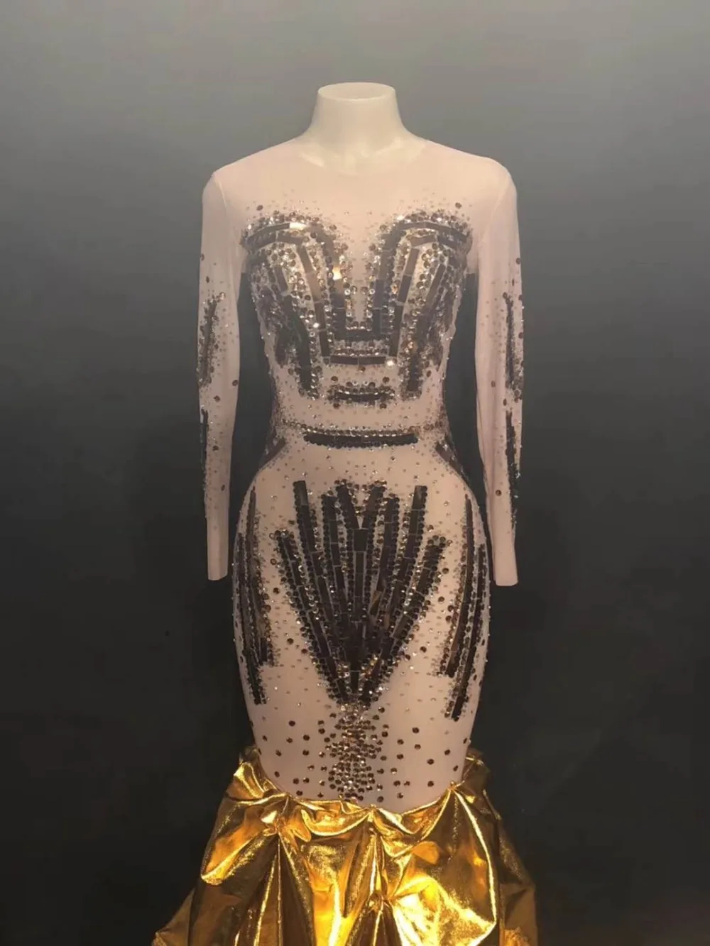 Vestido de lentejuelas doradas con diamantes de imitación brillantes para mujer, vestido Formal de noche para cantante, traje de una pieza para Bar, traje de actuación para escenario