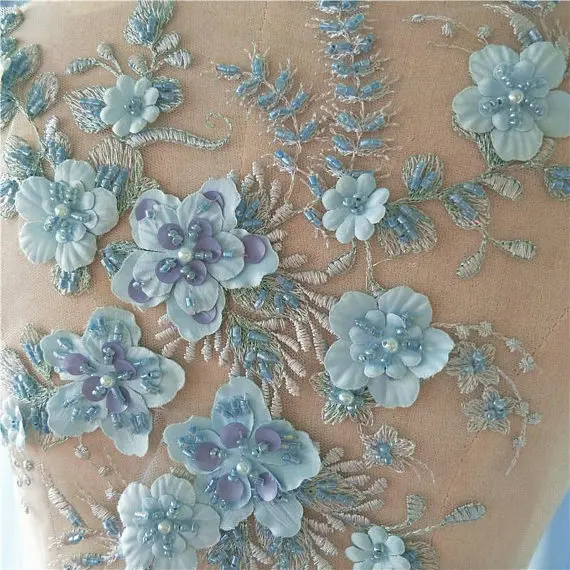 Light Blue Heavy Bead Lace Applique 3D Lace Applique With Pearls Deluxe 3d Flower Applique Heavy Embroidered Flower Applique