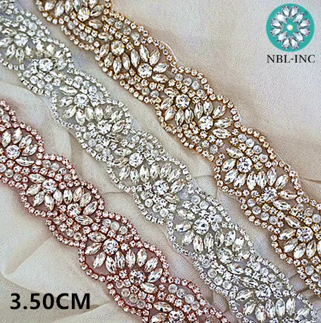 (10 yards)Wholesale bridal beaded sewing rose gold crystal rhinestone applique trim iron on for wedding dress sash belt WDD0319