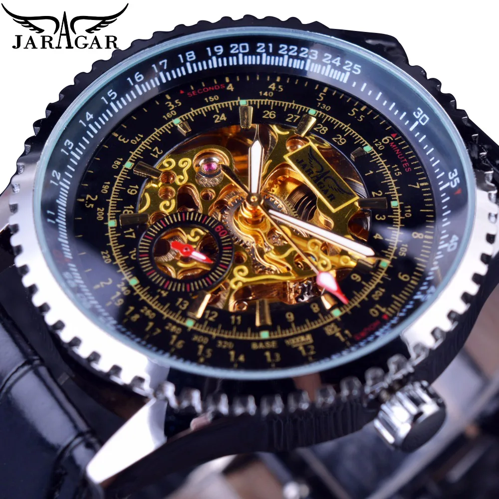 

Jaragar Skeleton Golden Mens Watch Sport Mechanical Sub Second Dial Design Montre Homme Clock Black Leather Automatic Wristwatch