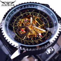 Jaragar Skeleton Golden Mens Watch Sport Mechanical Sub Second Dial Design Montre Homme Clock Black Leather Automatic Wristwatch