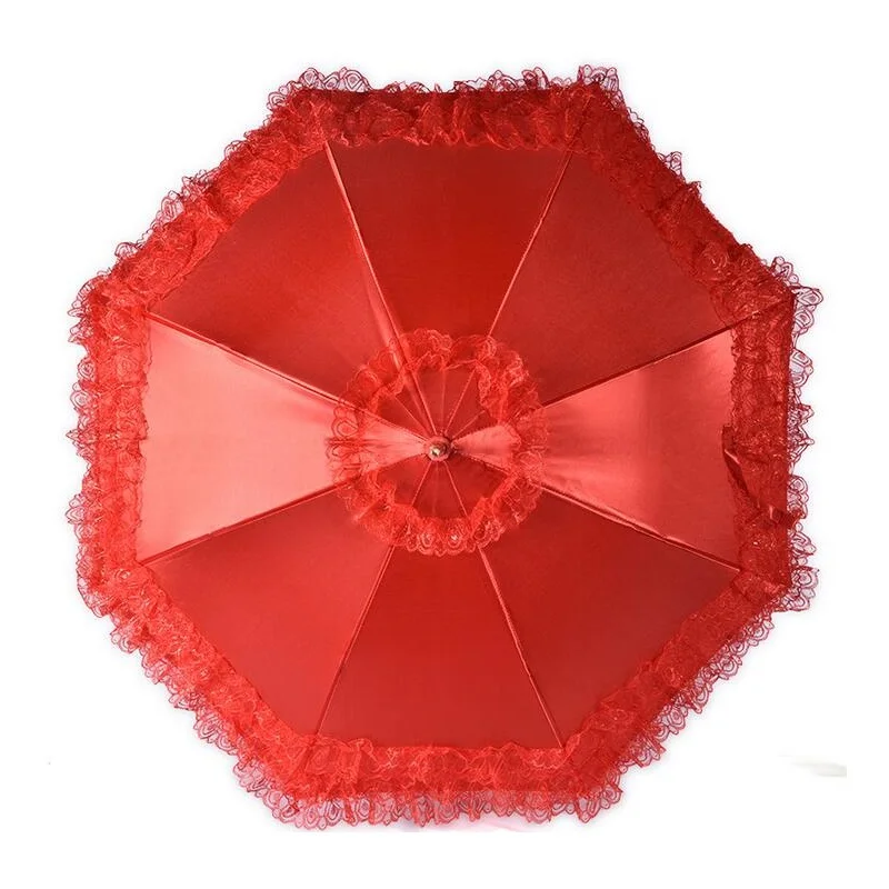 10pcs/lot Long Handle Red Color Wedding Umbrella Hem Lace Princess Lady Girl Rain Sunshade Umbrella Parasol ZA5233