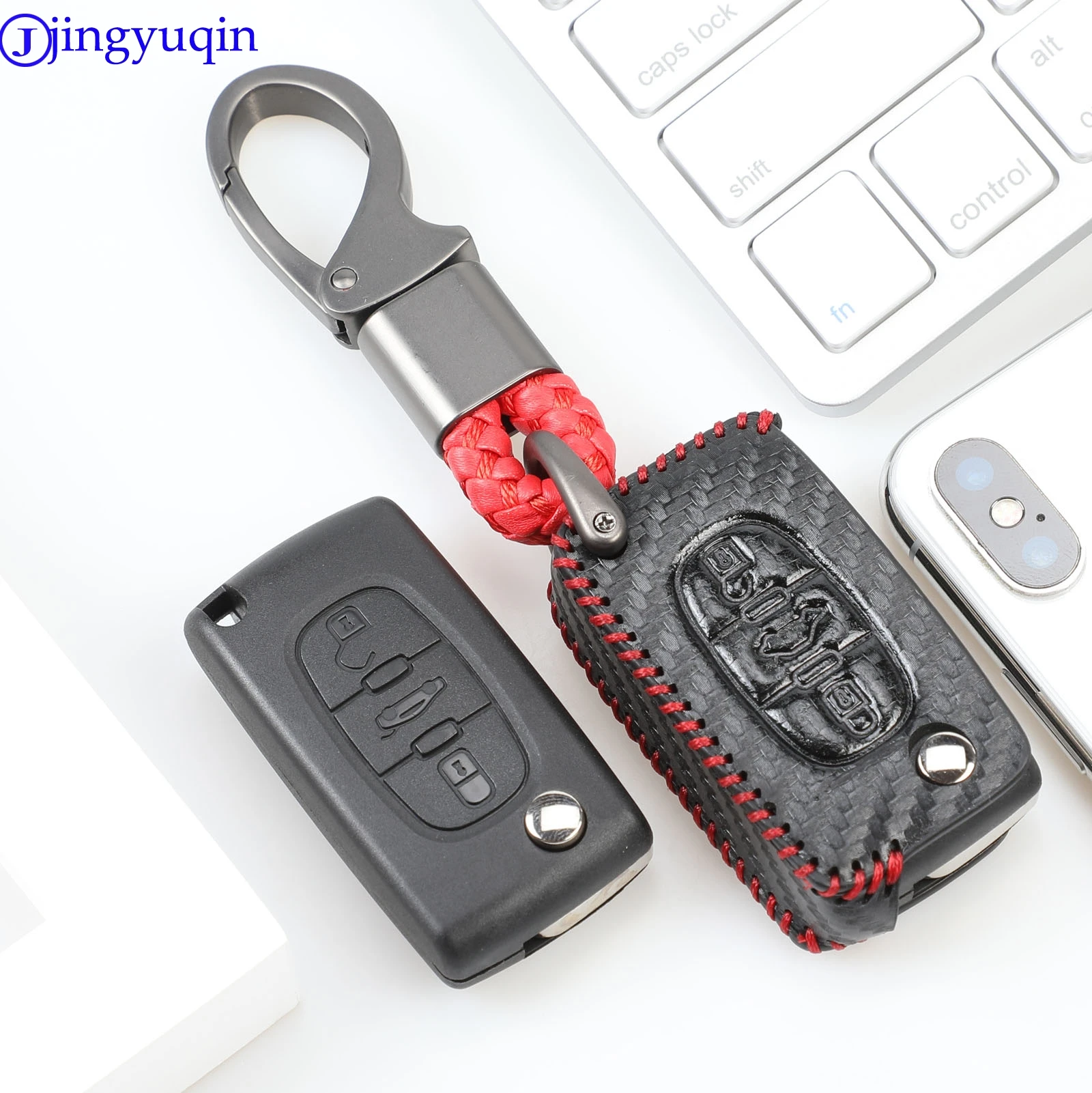 jingyuqin Leather Carbon 3B Car Key Case Cover For Peugeot 207 407 407SW For Citroen C4 C5 C6 C8