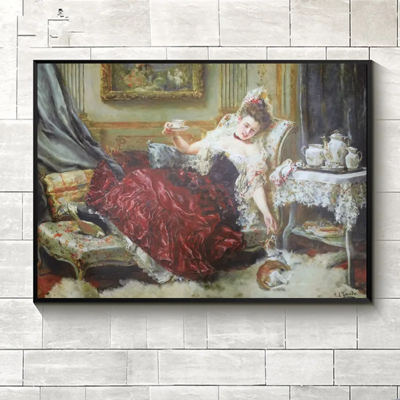 

100% Hand painted oil painting on canvas Impressionist European classic Figure Painting Drinking coffee Woman Home decor picture