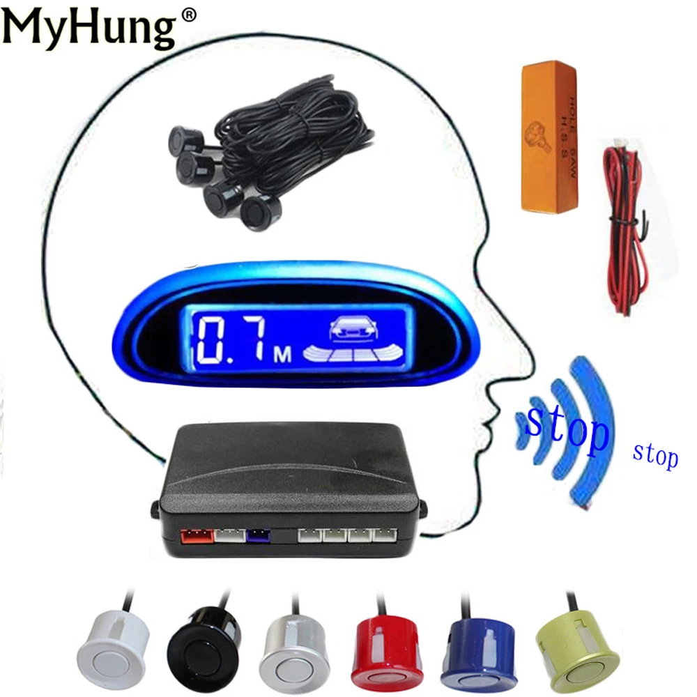 New Blue Screen English Voice  Car Parking Assistance Parking Sensor 4 Sensors Led Display Reverse Backup Radar Monitor Detector