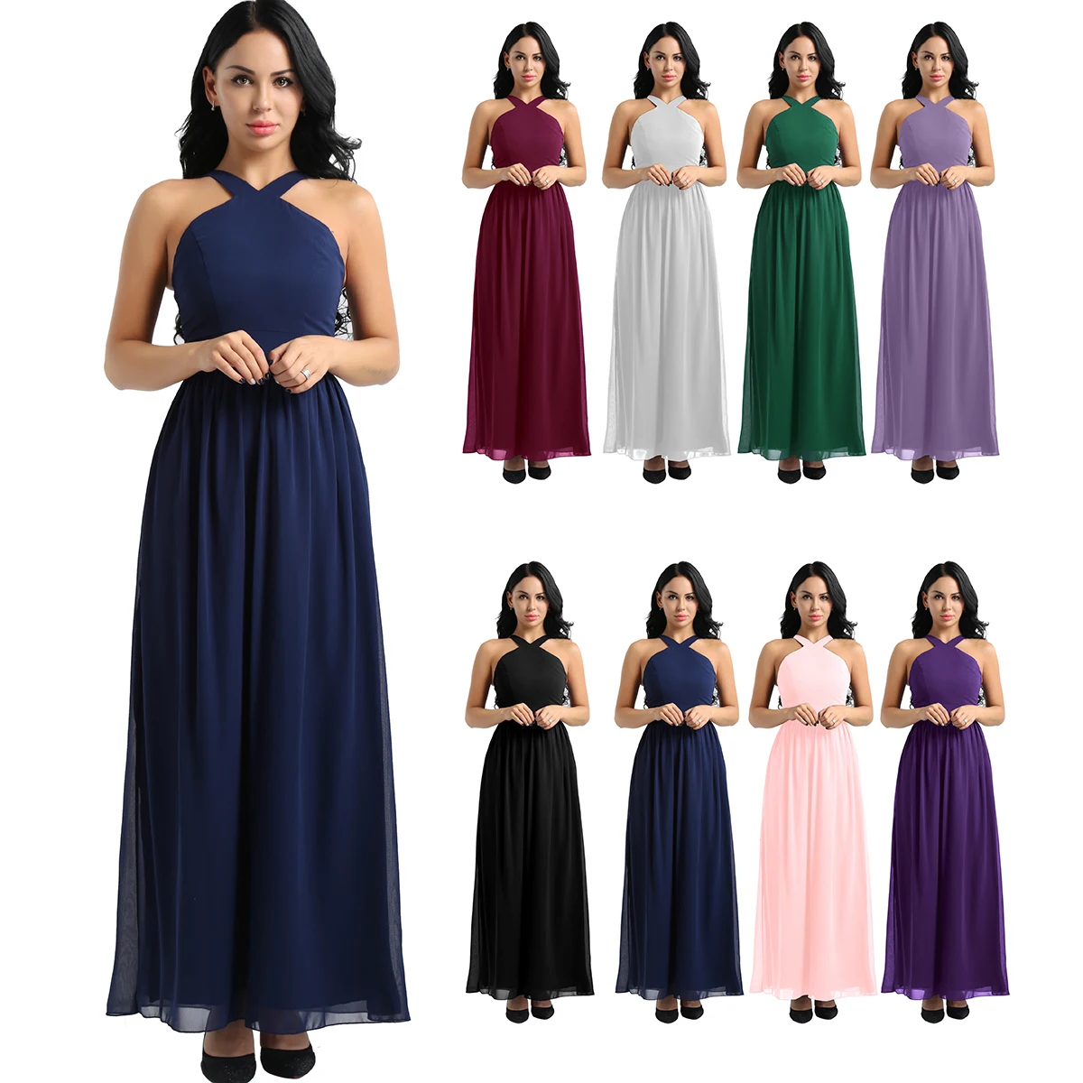 Tiaobug Women Ladies Criss-cross Shoulder Straps Chiffon Elegant Bridesmaid Dresses Princess Prom Party Maxi Long Wedding Dress