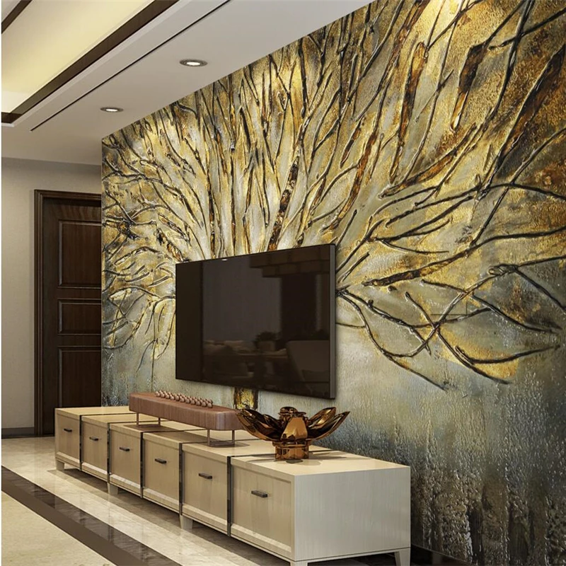 wellyu Fashion a tree modern American metal relief oil painting TV backdrop custom large fresco green wallpaper