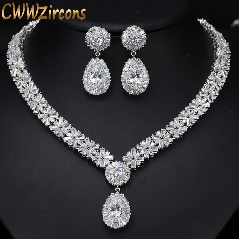 CWWZircons White Gold Color Luxury Bridal CZ Crystal Necklace and Earring Set Big Wedding Jewelry Sets For Brides T103