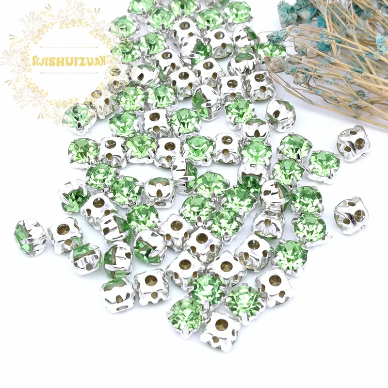 3mm 4mm 5mm 6mm 7mm 8mm Light Green Diamond Round Shape Glass Crystal Rhinestones With Silver Claw Diy Wedding Dress Accessories