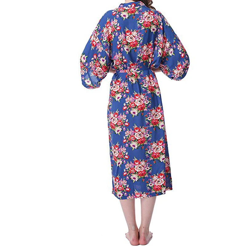 Sexy Blue Lengthen Bridesmaid Robes Women Cotton Floral Robe Bridal Kimono Robes For Getting Ready Robes,Long Sleeves Sleepwear