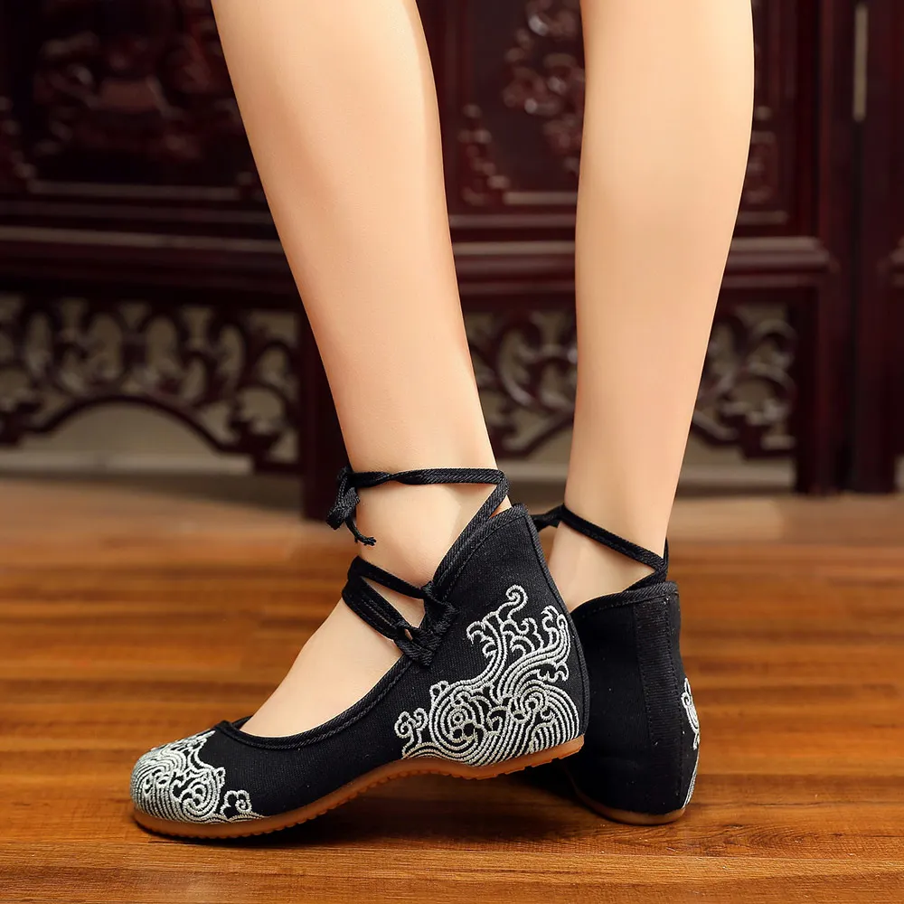 Veowalk Mid Top Women Canvas Embroidered Ballet Flats Ankle Strap Vintage Ladies Casual Walking Shoes Chinese Old Beijing Shoes