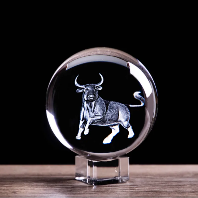 Animal Zodiac Cow Figurines Crystal Ball Charging Stock Market Bull Feng Shui Glass Marbles Sphere Globe Home Art Decoration