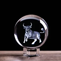 Animal Zodiac Cow Figurines Crystal Ball Charging Stock Market Bull Feng Shui Glass Marbles Sphere Globe Home Art Decoration