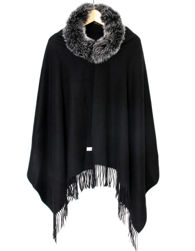 Cashmere scarf fox fur trim autumn winter spring natural fox fur 100% pure cashmere Black color scarf cape S34