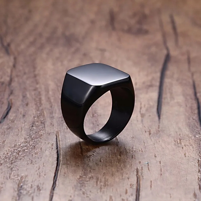 MONOGRAM SIGNET RING STAINLESS STEEL BIKER RINGS FOR MEN MONOGRAM FANCY INITAL SQUARE FLAT TOP BAND IN BLACK