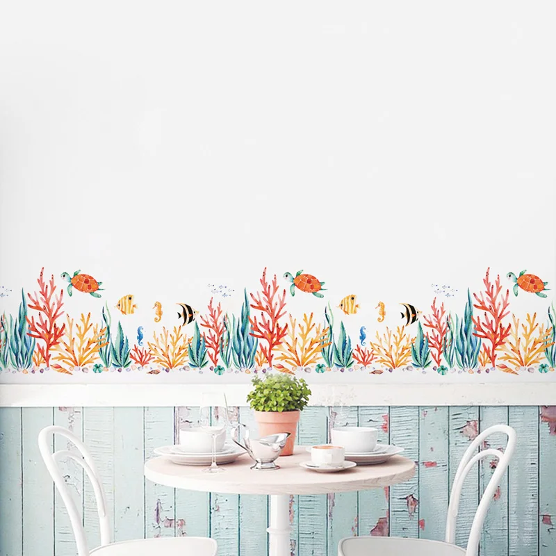 Baseboard Marine plants fish Wall Stickers kids rooms Art Living room Bedroom nursery home decor Mural Decal Removable sticker