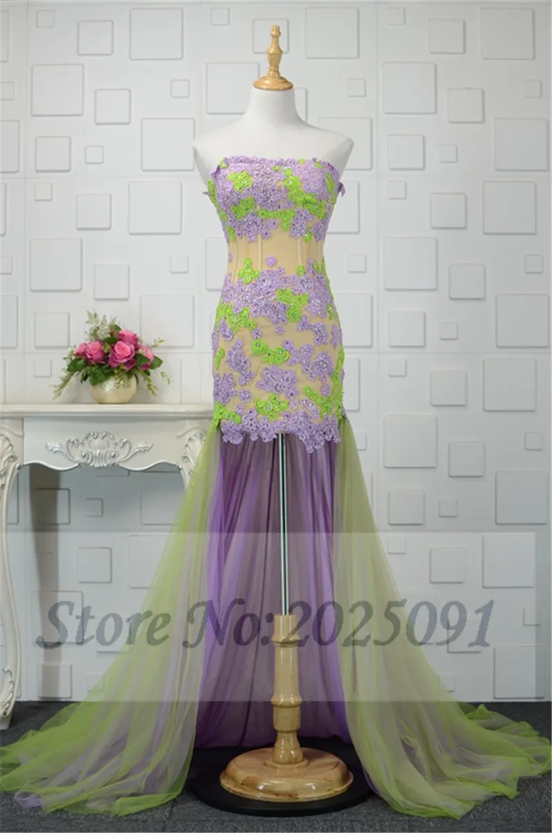 Mới Hình Ảnh Thật Dài Dạ Hội Đầm Hi Lo Homecoming Đầm Suông Voan Phối Ren Appliques Dạ Hội Vestidos De Noiva 2018