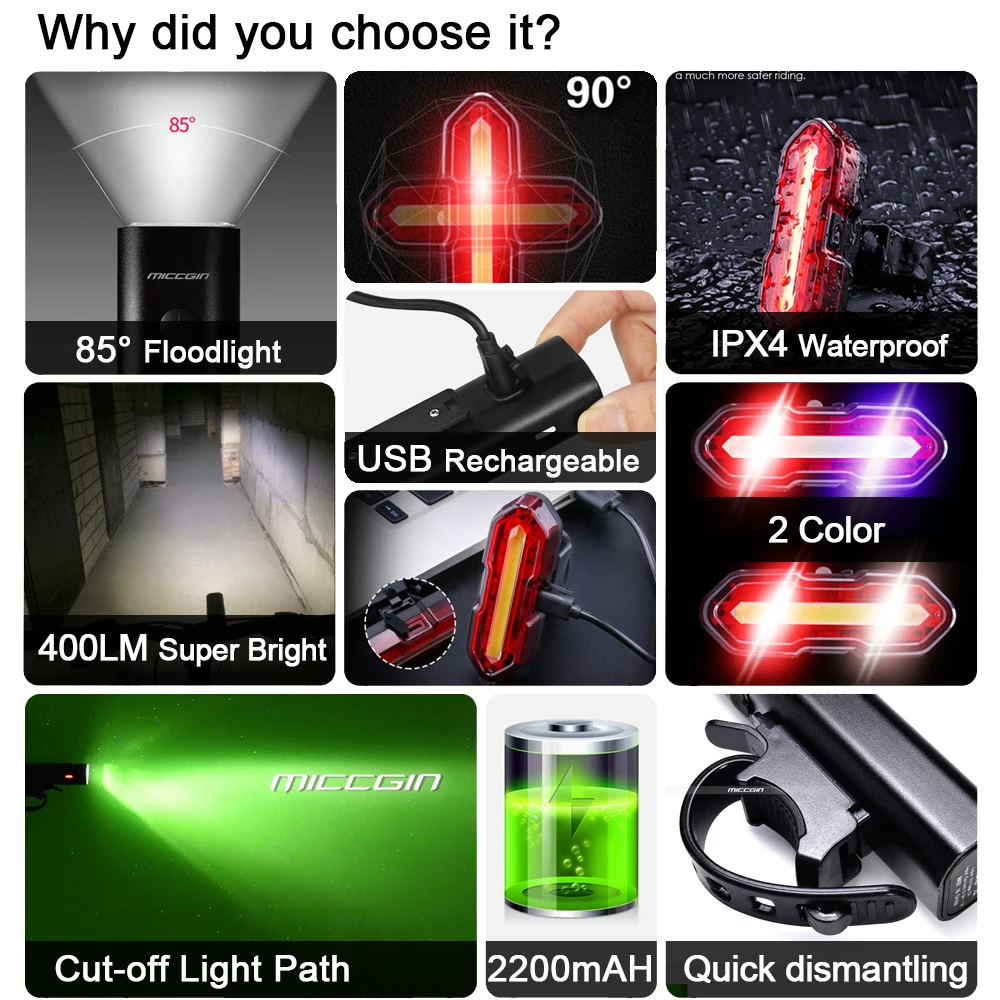 مجموعة مصابيح الدراجة LED ، مصباح أمامي وخلفي من الألومنيوم قابل لإعادة الشحن مع USB ، 2000 مللي أمبير ، مقاوم للمطر ، خفيف للغاية ، لركوب الدراجات...