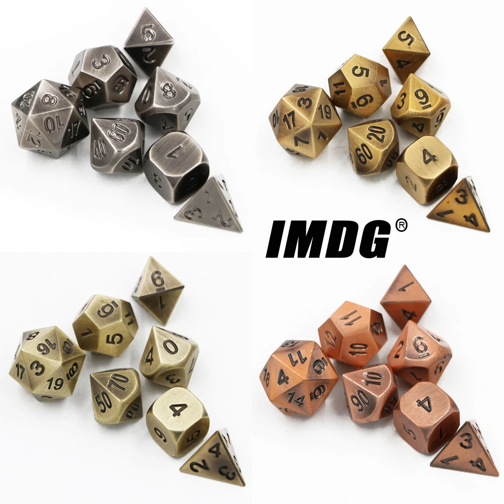 

IMDG, 7 шт./компл., креативные кости для ролевых игр, многогранные металлические кости, игральные кости с гальваническим покрытием, древние цвета
