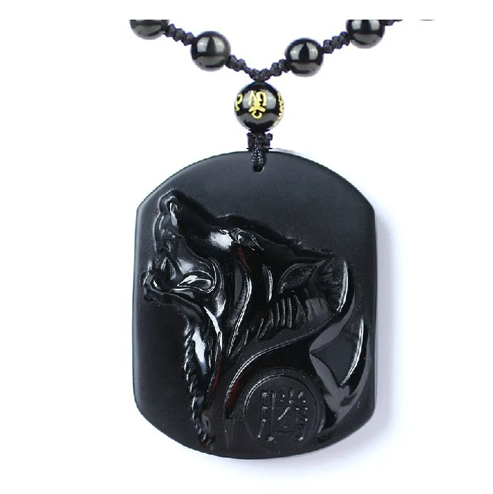 Natural Black Obsidian Carving Wolf Head Amulet pendant free necklace obsidian Blessing Lucky pendants fashion Jewelry