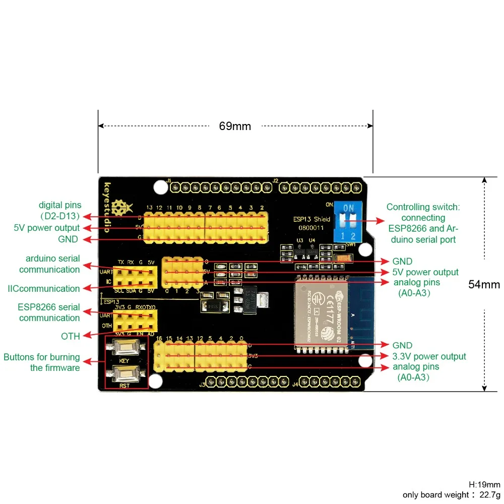 New! Keyestudio  ESP8266 Web Sever Serial Wifi Expansion Shield Module  ESP-13 for Arduino UNO