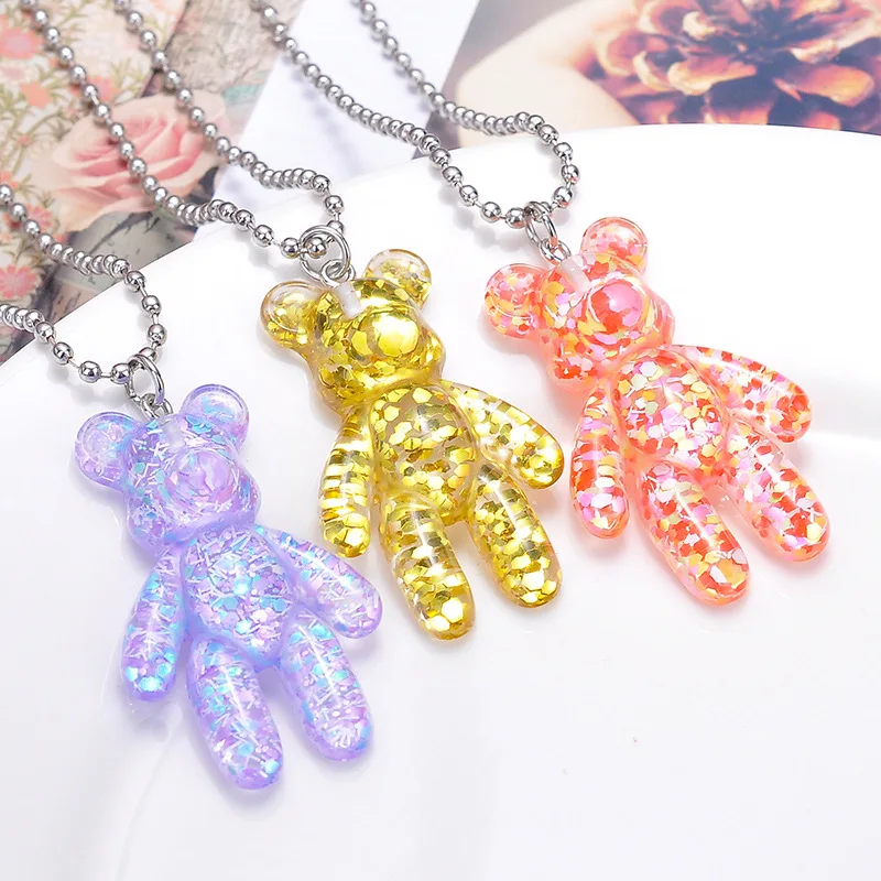 Jelly Resin Bear Pendant Necklace Women Cute Girls Beads Chain Choker On Neck Jewelry Party Friends Gift