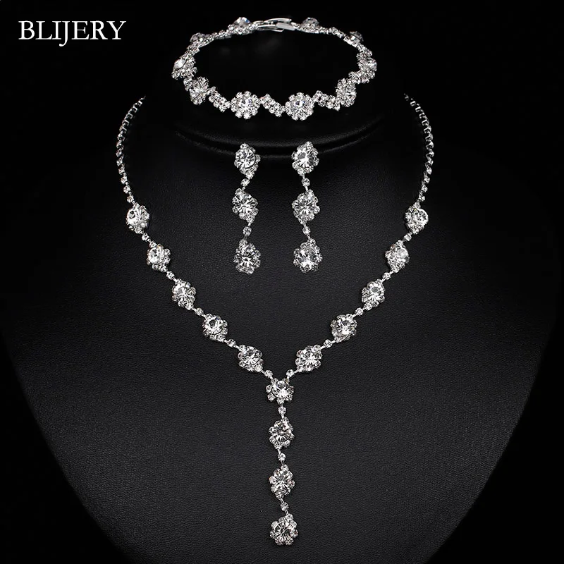 BLIJERY Elegant Geometric Bridal Jewelry Sets Rhinestone Crystal Long Necklace Earrings Bracelet Wedding Jewelry Sets for Women