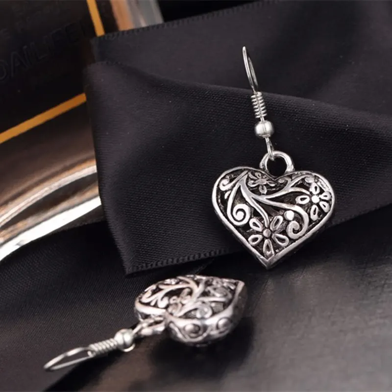 LUBOV Hollow Out Heart Drop Earring for Women Retro Vintage Flower Dangle Earrings Antique Tibetan Silver Jewelry New Arrival