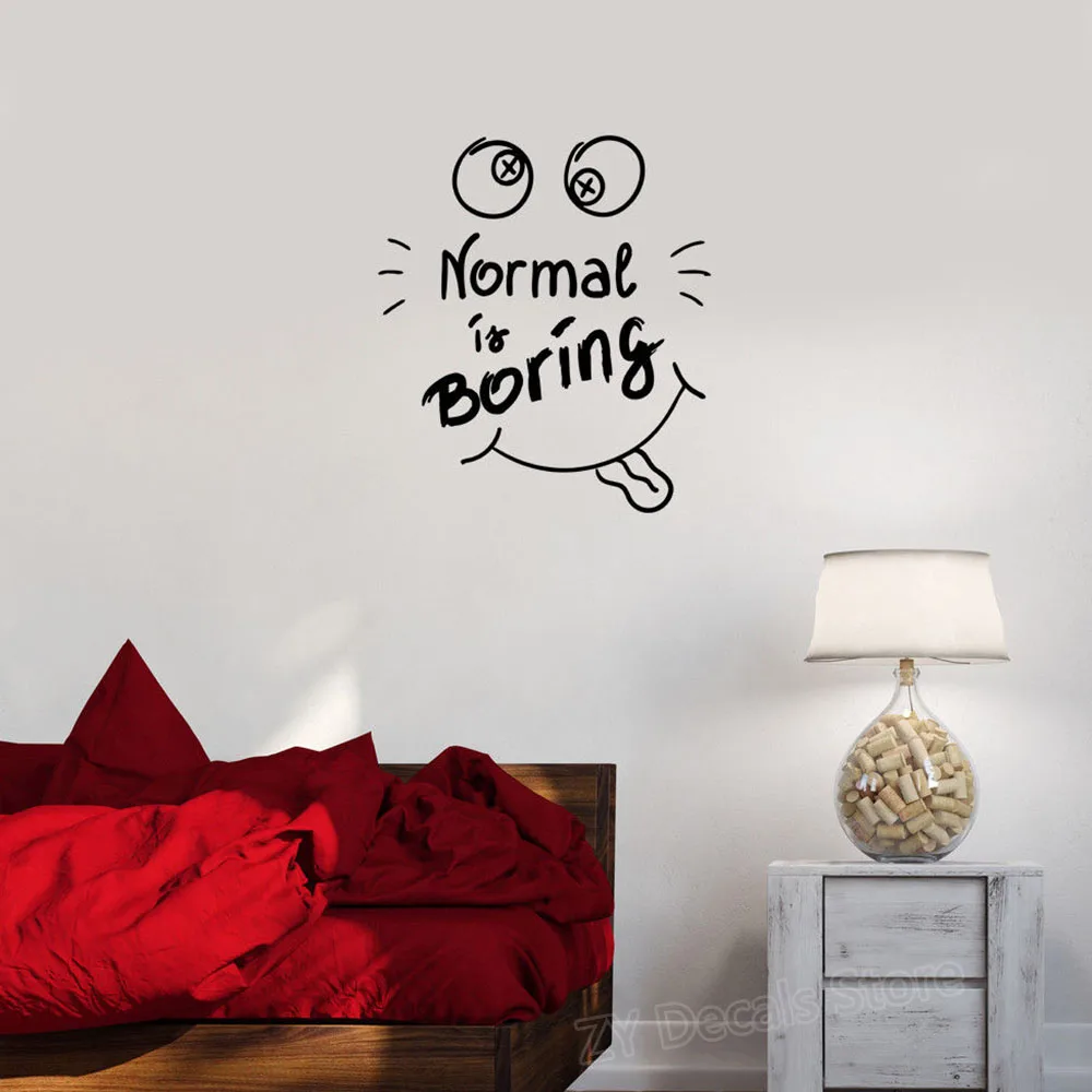 Smile Merry Inscription Funny Face Vinyl Wall Sticker Quote Normal is Boring Bedroom Wall Decals Creative Office Wall Decor D142