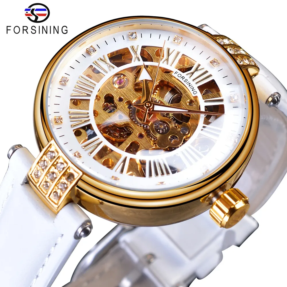 Forsining White Gold Mechanical Automatic Luxury Top Brand Lady Wrist Watch Skeleton Clock Women Leather Dress Age Girl Watches