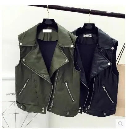 New 2017 Women Leather Vest Sleeveless Leather jacket Turn-down Collar Pockets colete feminino PU vest Waistcoat leather coat