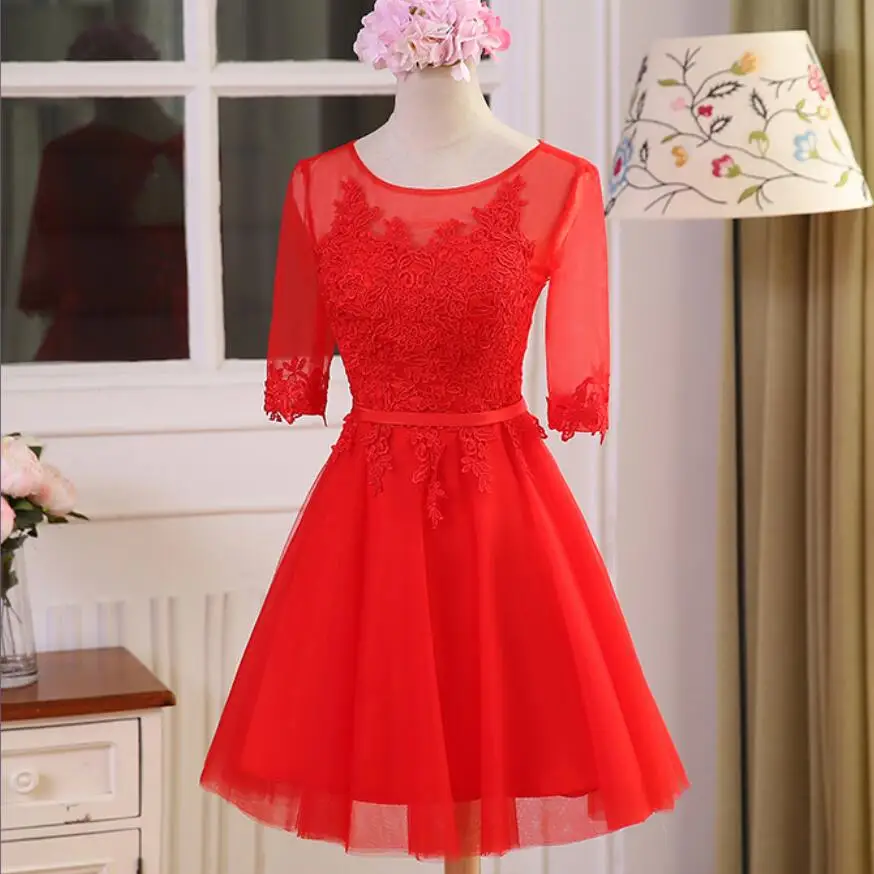 Robe De Soiree 2024 Red half Short A-Line O-Neck Lace up Embroidery Elegant bridesmaid dresses Banquet Prom Party Gown