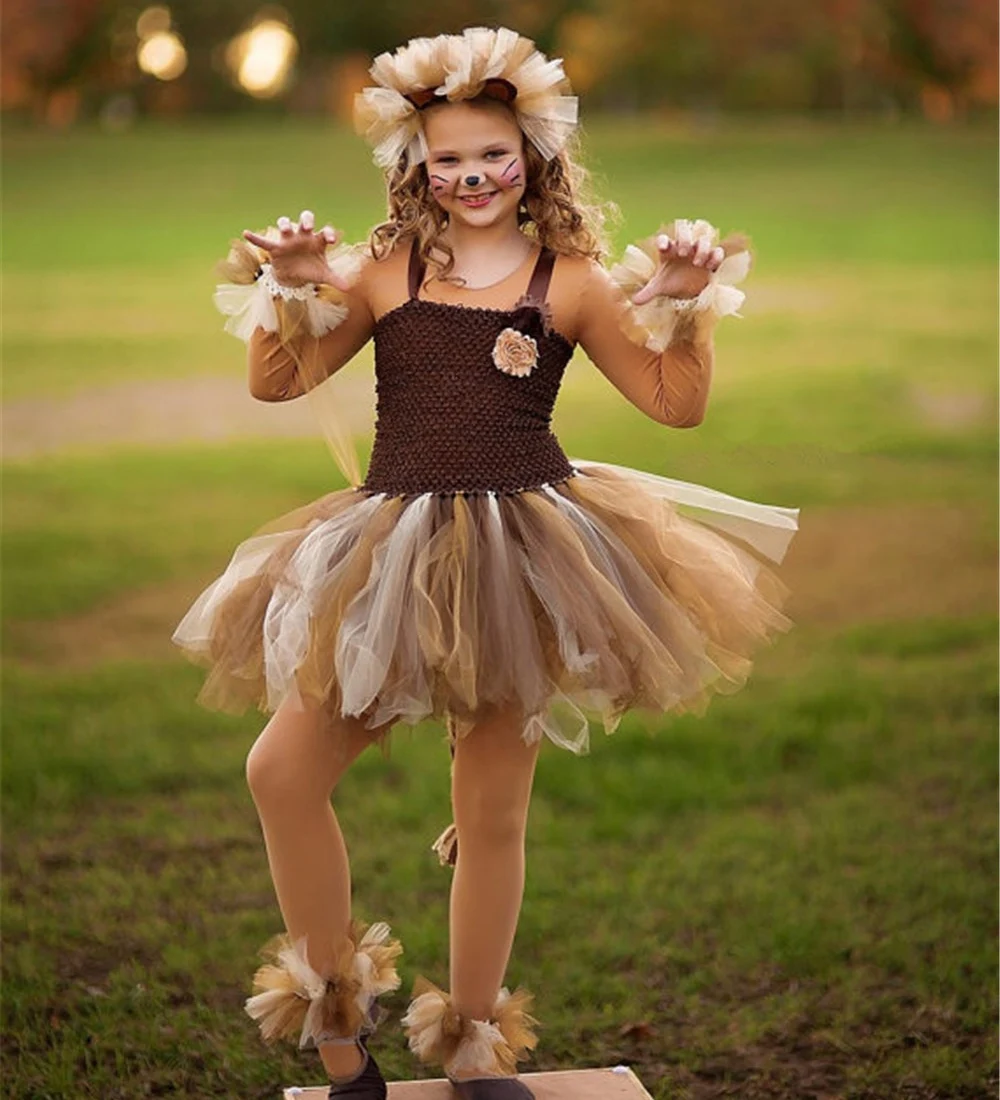 Cute Girls Coffee Lion Tutu Dress Baby Crochet Tulle Dress with Flowers Ribbon bow and Hairbow Kids Party Cosplay Costume Dress