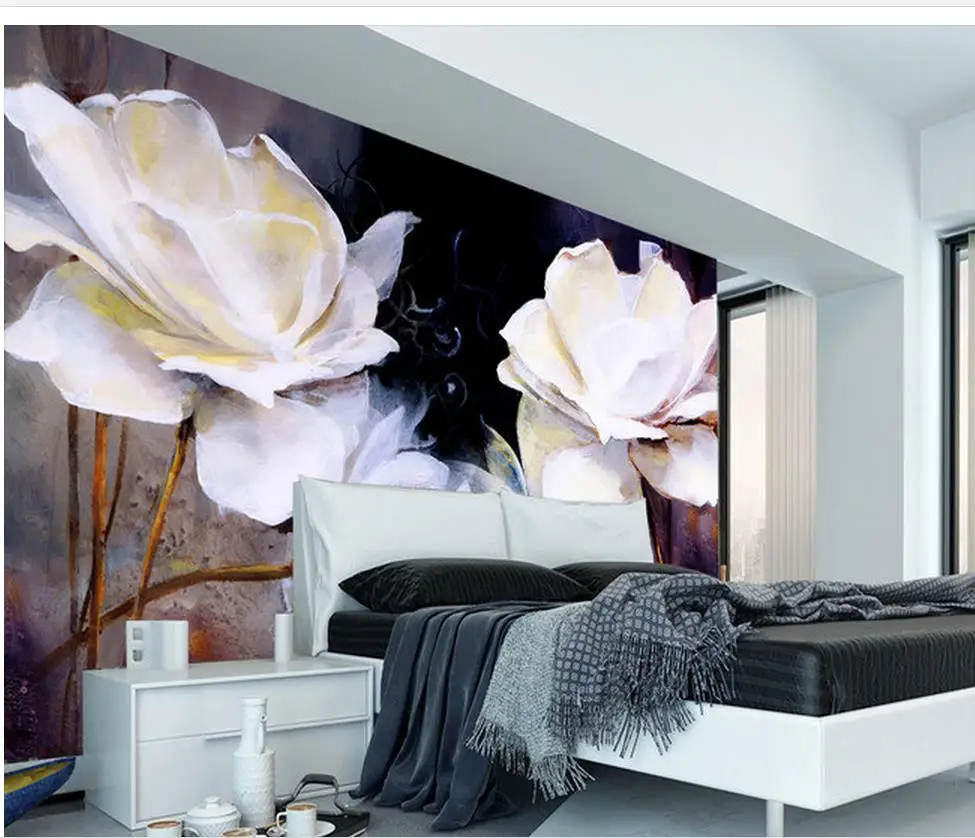 

3d customized wallpaper mural 3d wallpaper European style hand painted oil painting white rose TV background wall