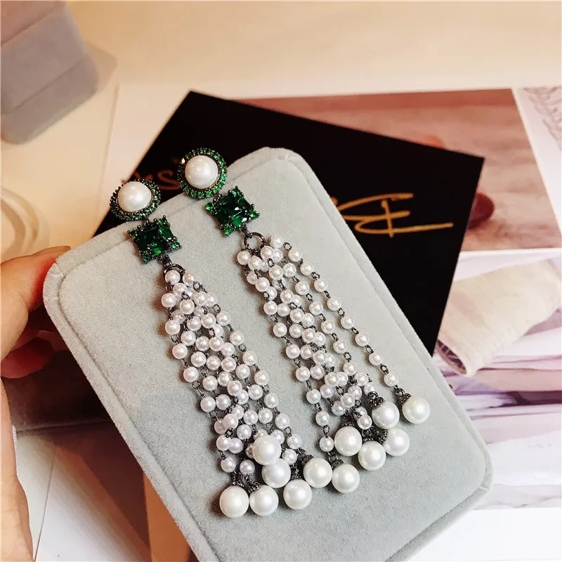 

Vintage Drop Earrings For Women 925 Green Cubic Zirconia Long Imitation Pearls Tassels Fine Jewelry Temperament Brincos