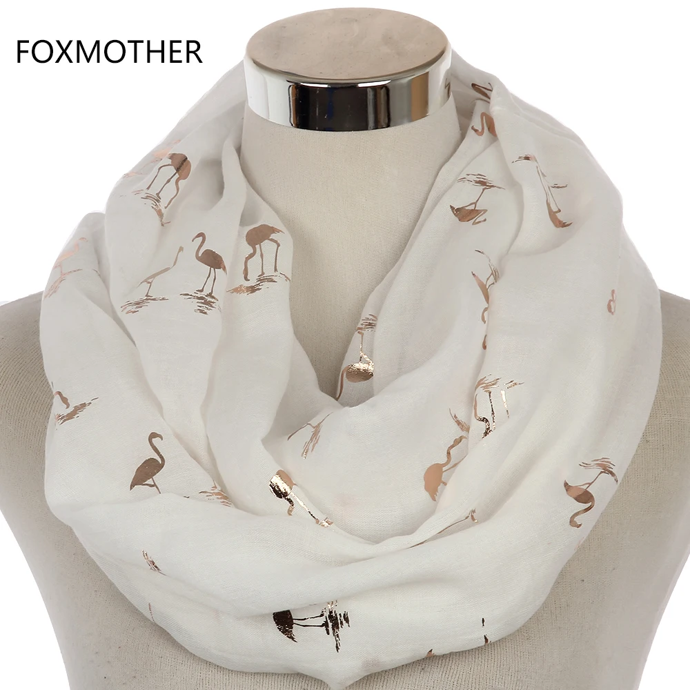 FOXMOTHER  New Fashion Shiny Pink Mint  Bronzing Foil Gold Flamingo Swan Ring Scarf Snood Foulard Shawl Women Dropshipping