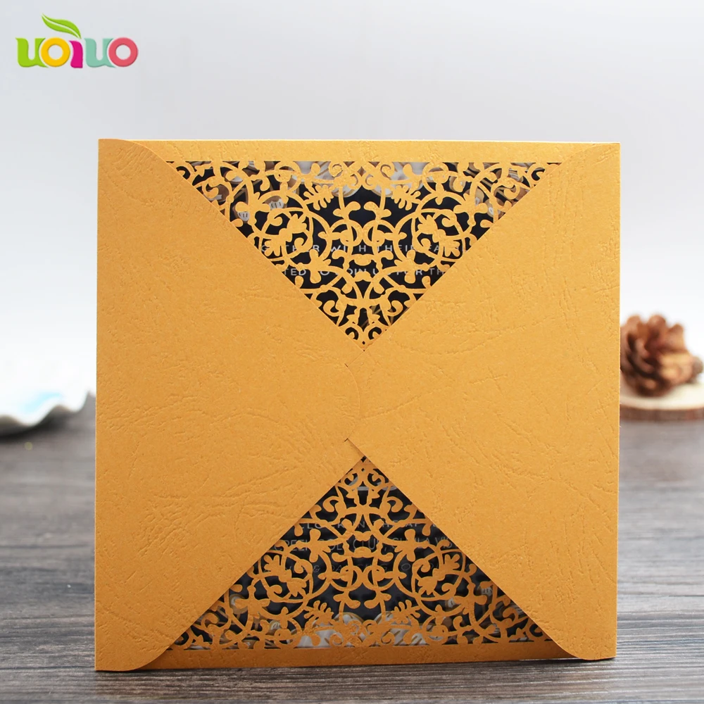 10pcs vintage yellow paper wedding invitation card envelop sample flower lace personalize indian wedding invitations cheap